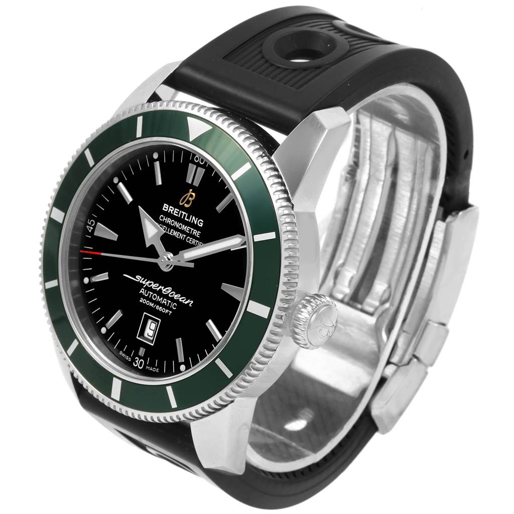 This image shows a Breitling Superocean A17320 Men
s Stainless Steel Black Dial A17320 Men
s Stainless Steel Black Dial watch at a slight angle, highlighting its black dial, green bezel, and black rubber strap.