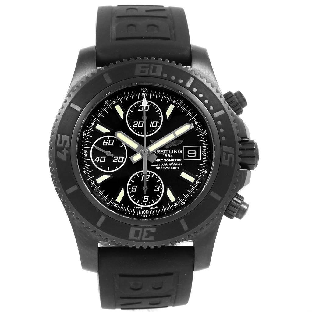 This image shows a front view of a Breitling Superocean M18341 Men's Stainless Steel Black Dial M18341 Men's Stainless Steel Black Dial watch, highlighting the dial, bezel, and rubber strap.