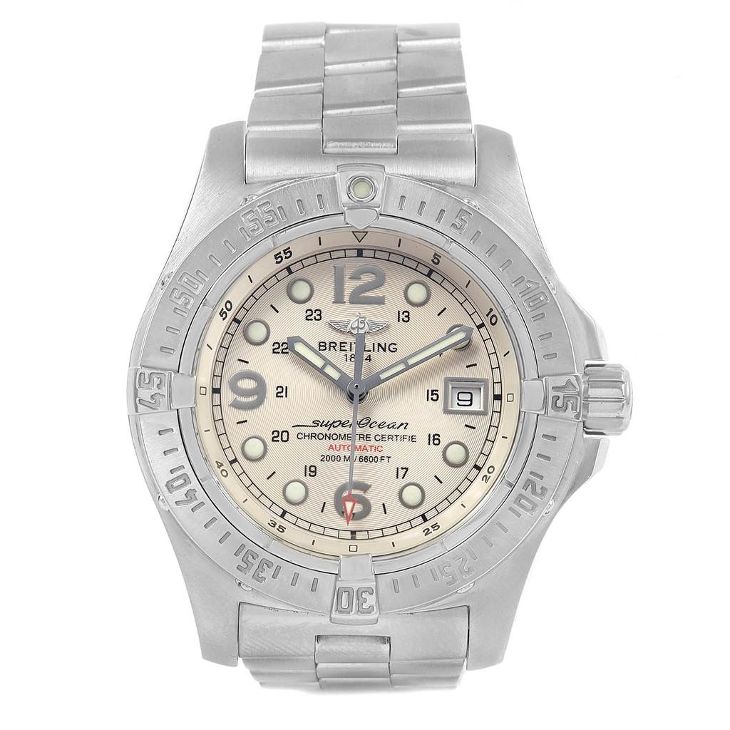 The image shows a front view of the Breitling Superocean A17390 Men's Stainless Steel Silver Dial A17390 Men's Stainless Steel Silver Dial watch, highlighting the dial, bezel, and metal bracelet.