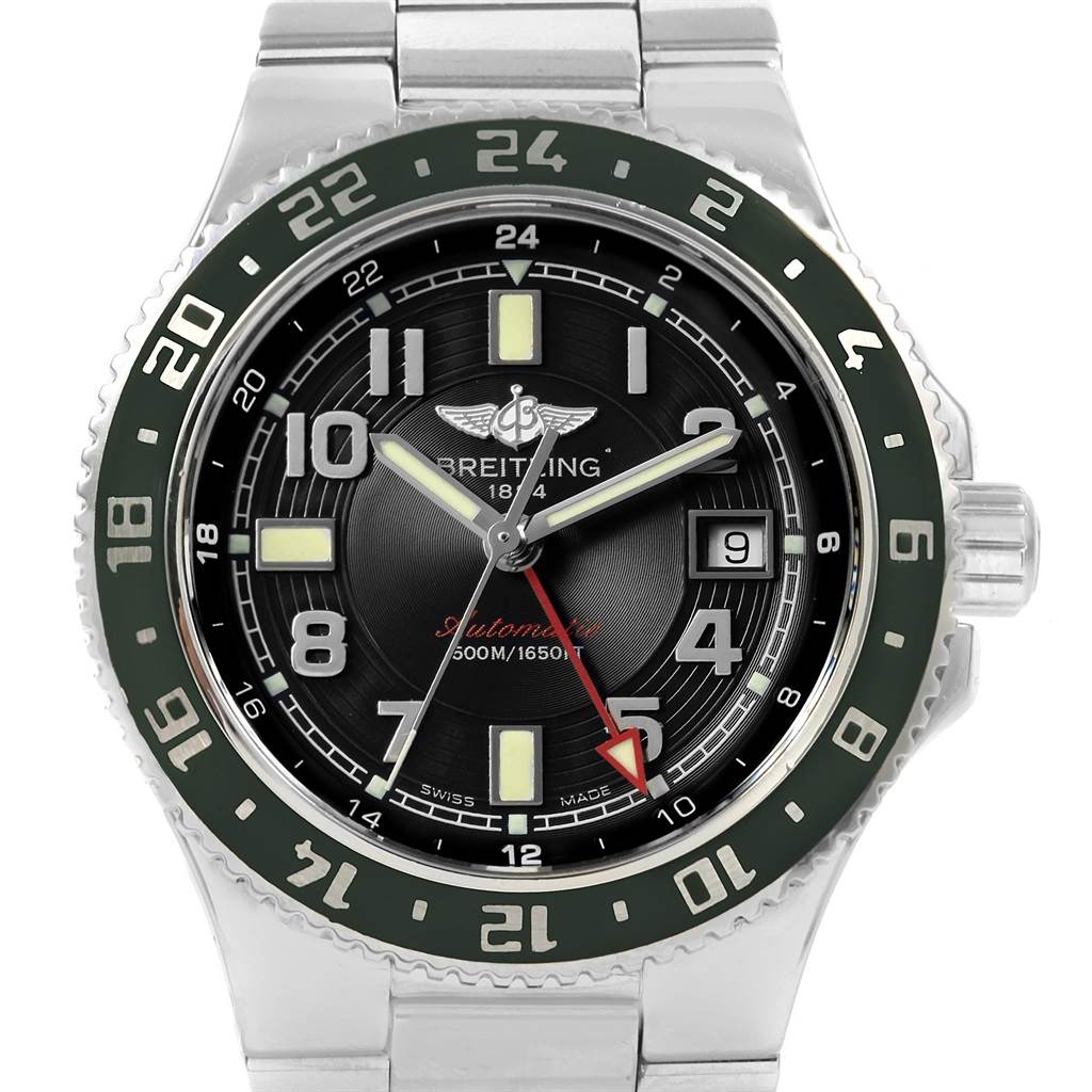 The image shows a front view of a Breitling Superocean A32380 Men's Stainless Steel Black Dial A32380 Men's Stainless Steel Black Dial watch, displaying its dial, bezel, and part of the metal bracelet.