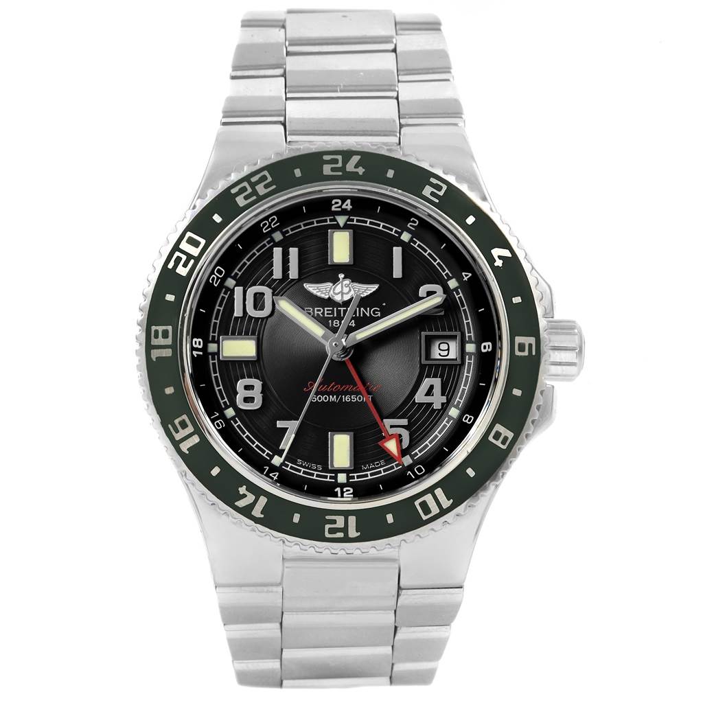 The image shows a front view of the Breitling Superocean A32380 Men's Stainless Steel Black Dial A32380 Men's Stainless Steel Black Dial watch, displaying its dial, bezel, and metal bracelet.