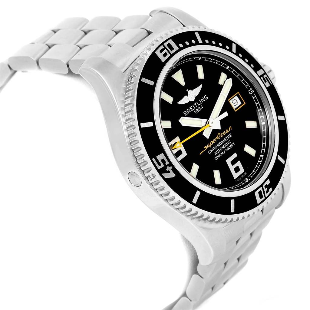 The image shows a Breitling Superocean A17391 Men's Stainless Steel Black Dial A17391 Men's Stainless Steel Black Dial watch angled to emphasize its face, bezel, and stainless steel bracelet.
