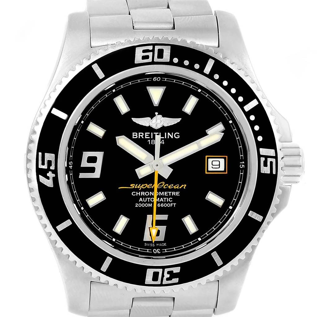 This image shows a front view of a Breitling Superocean A17391 Men's Stainless Steel Black Dial A17391 Men's Stainless Steel Black Dial watch, displaying the dial, bezel, hands, and bracelet.