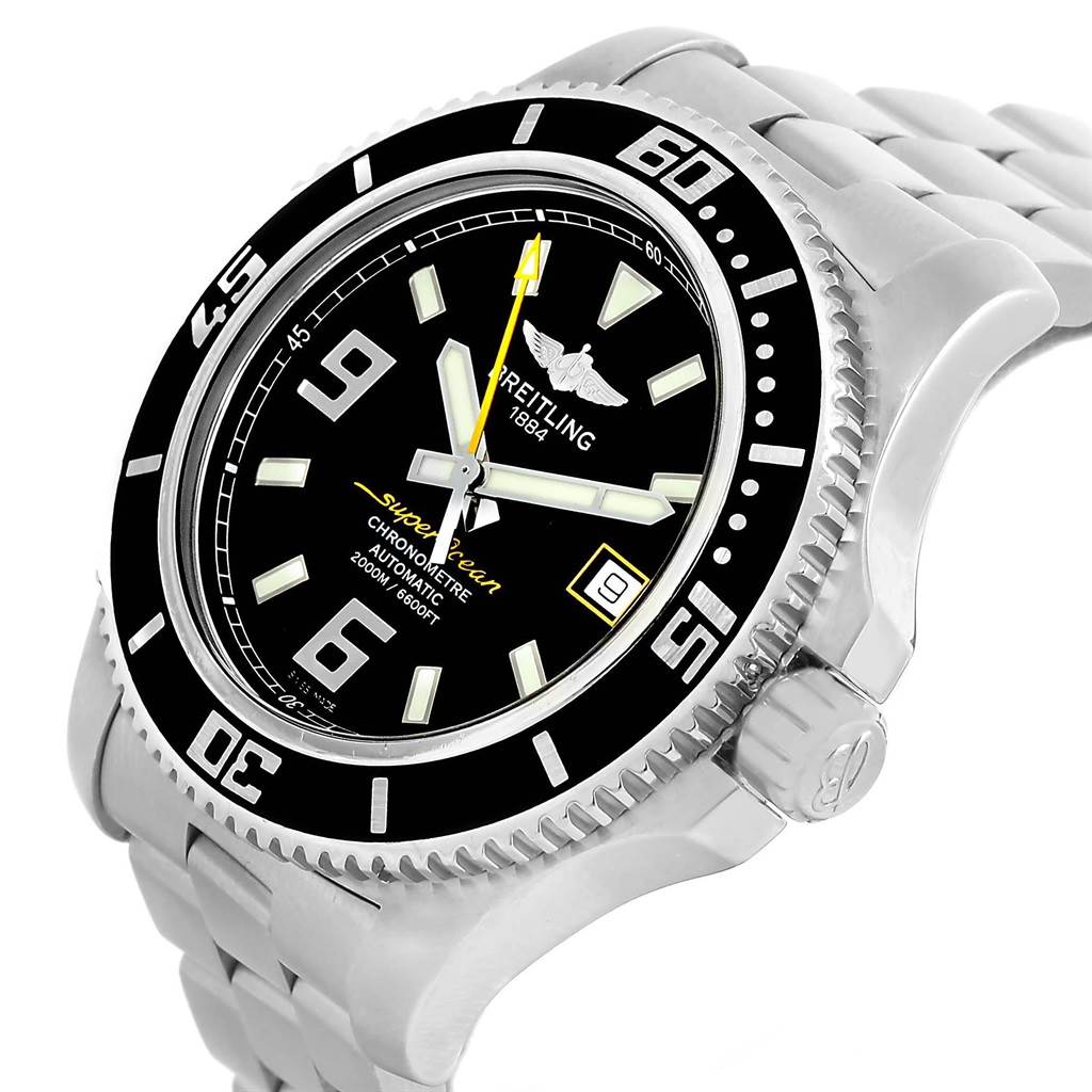 This image shows a Breitling Superocean A17391 Men's Stainless Steel Black Dial A17391 Men's Stainless Steel Black Dial watch from an angled top view, highlighting its black dial, bezel, and metal bracelet.