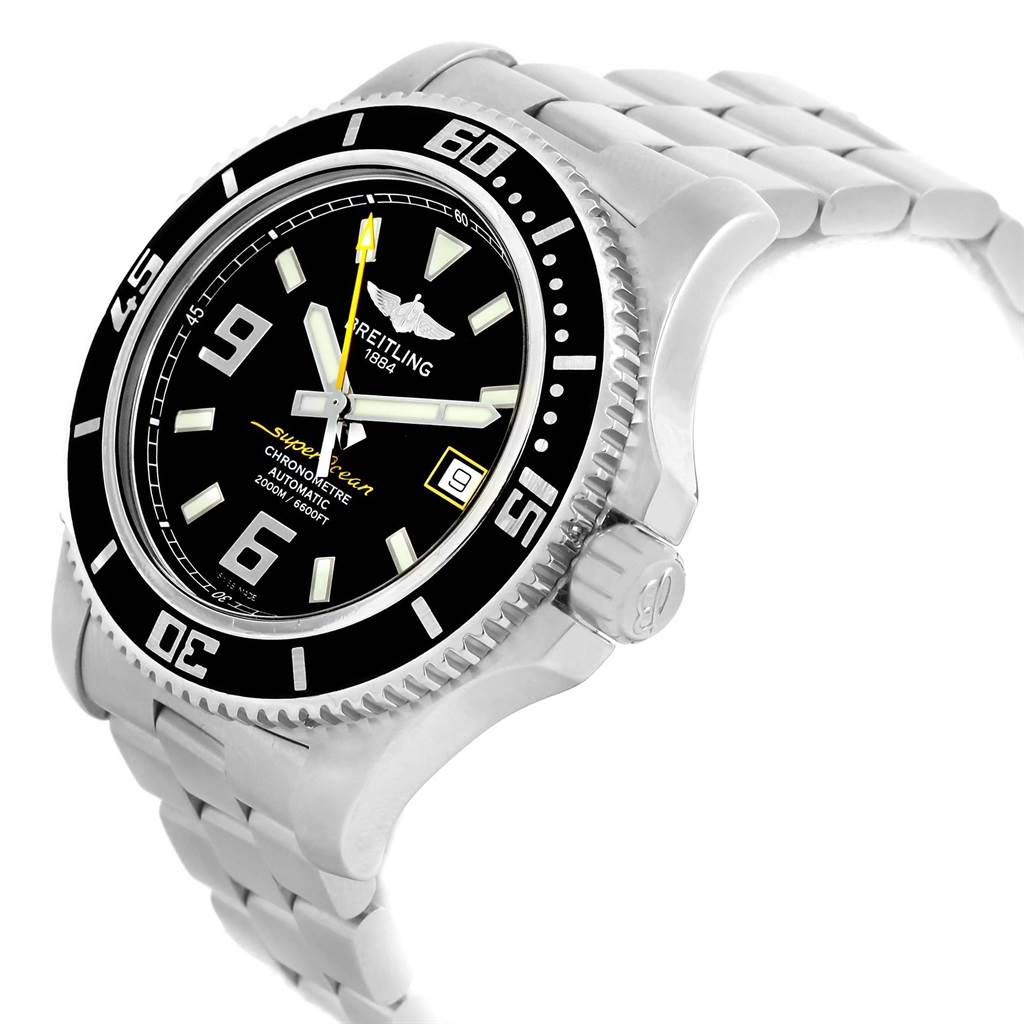 The Breitling Superocean A17391 Men's Stainless Steel Black Dial A17391 Men's Stainless Steel Black Dial watch is shown at a three-quarter angle, highlighting the bezel, dial, crown, and part of the bracelet.