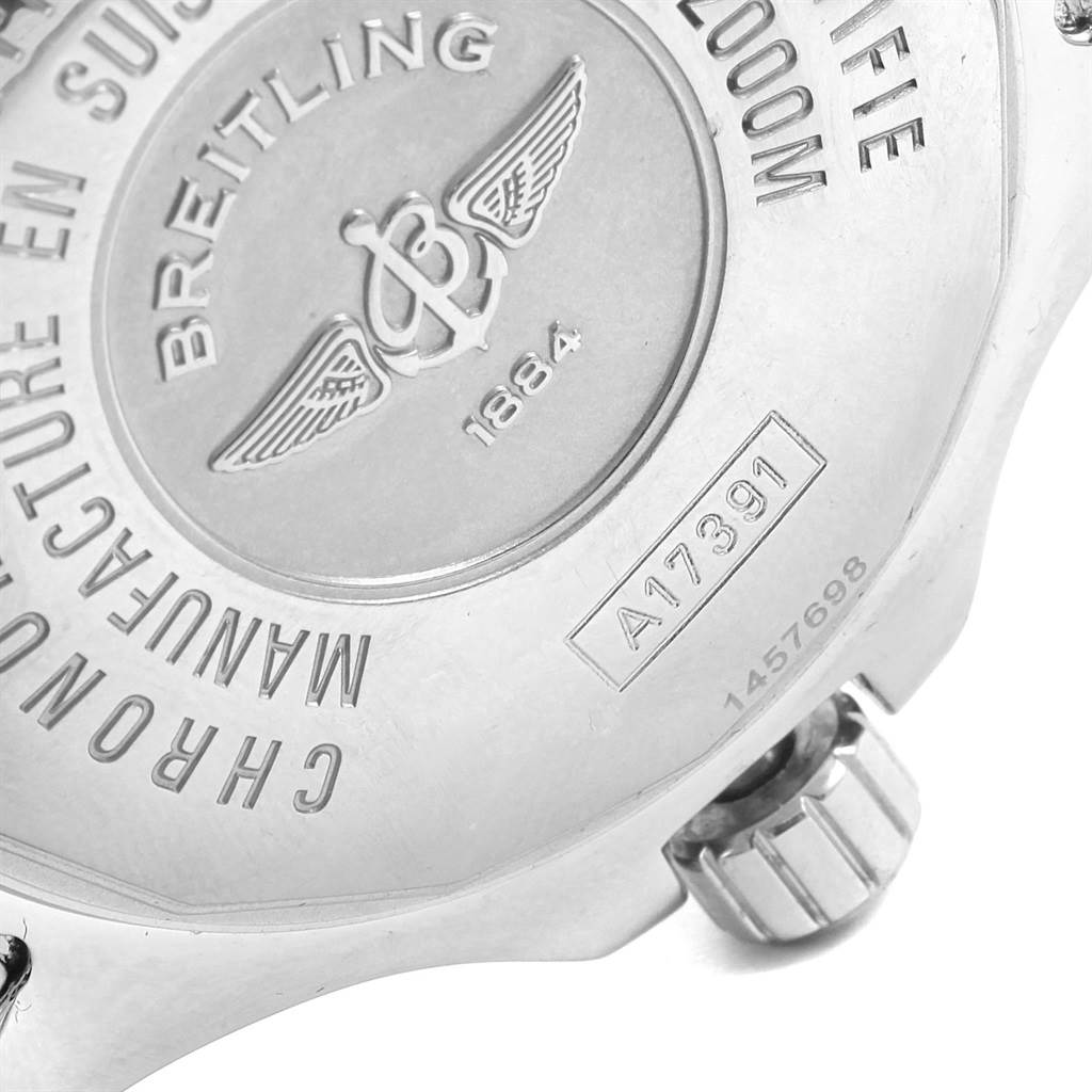 The image shows the case back and part of the crown of a Breitling Superocean A17391 Men's Stainless Steel Black Dial A17391 Men's Stainless Steel Black Dial watch.