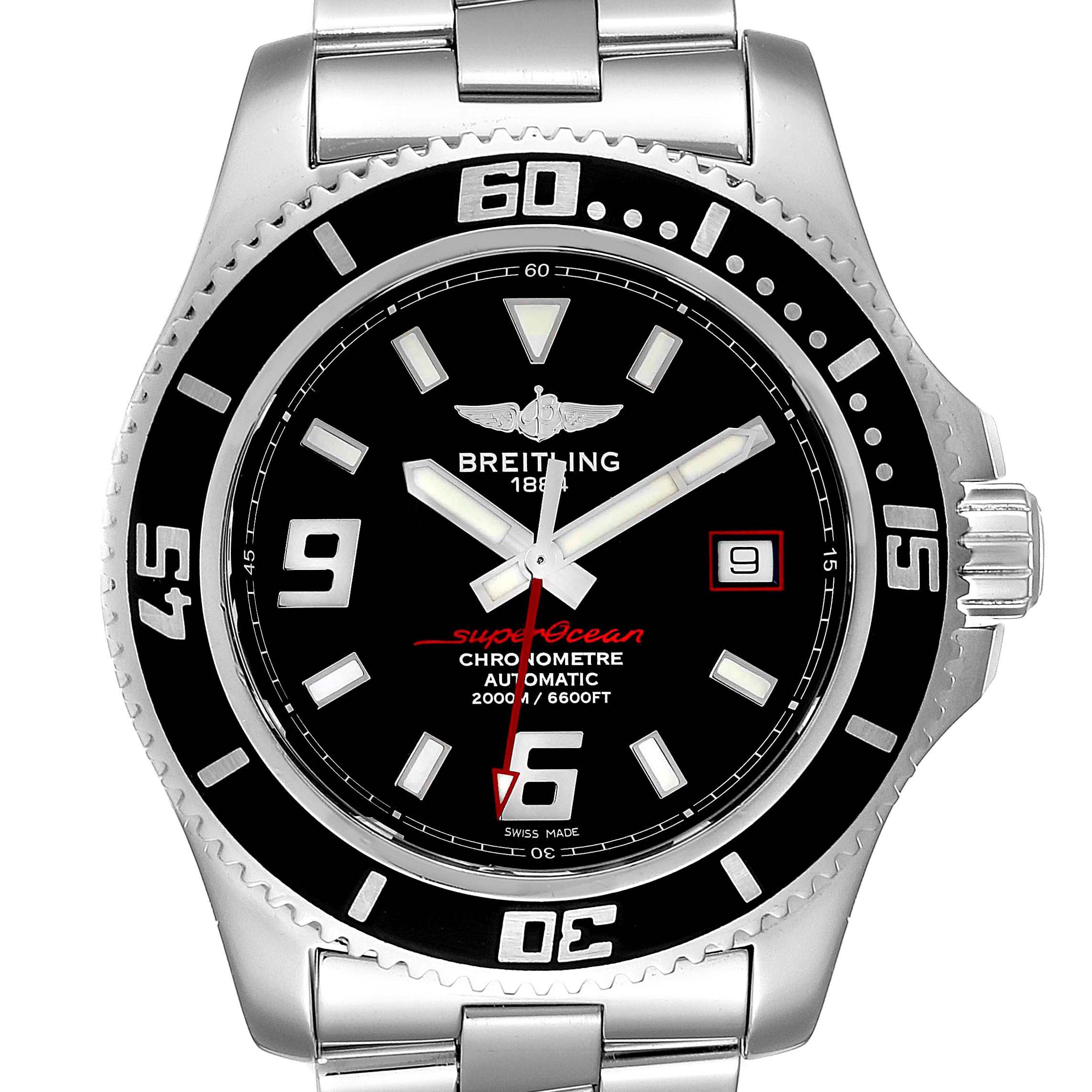 The image shows a frontal view of a Breitling Superocean A17391 Men's Stainless Steel Black Dial A17391 Men's Stainless Steel Black Dial watch, highlighting its face, bezel, and parts of the band.