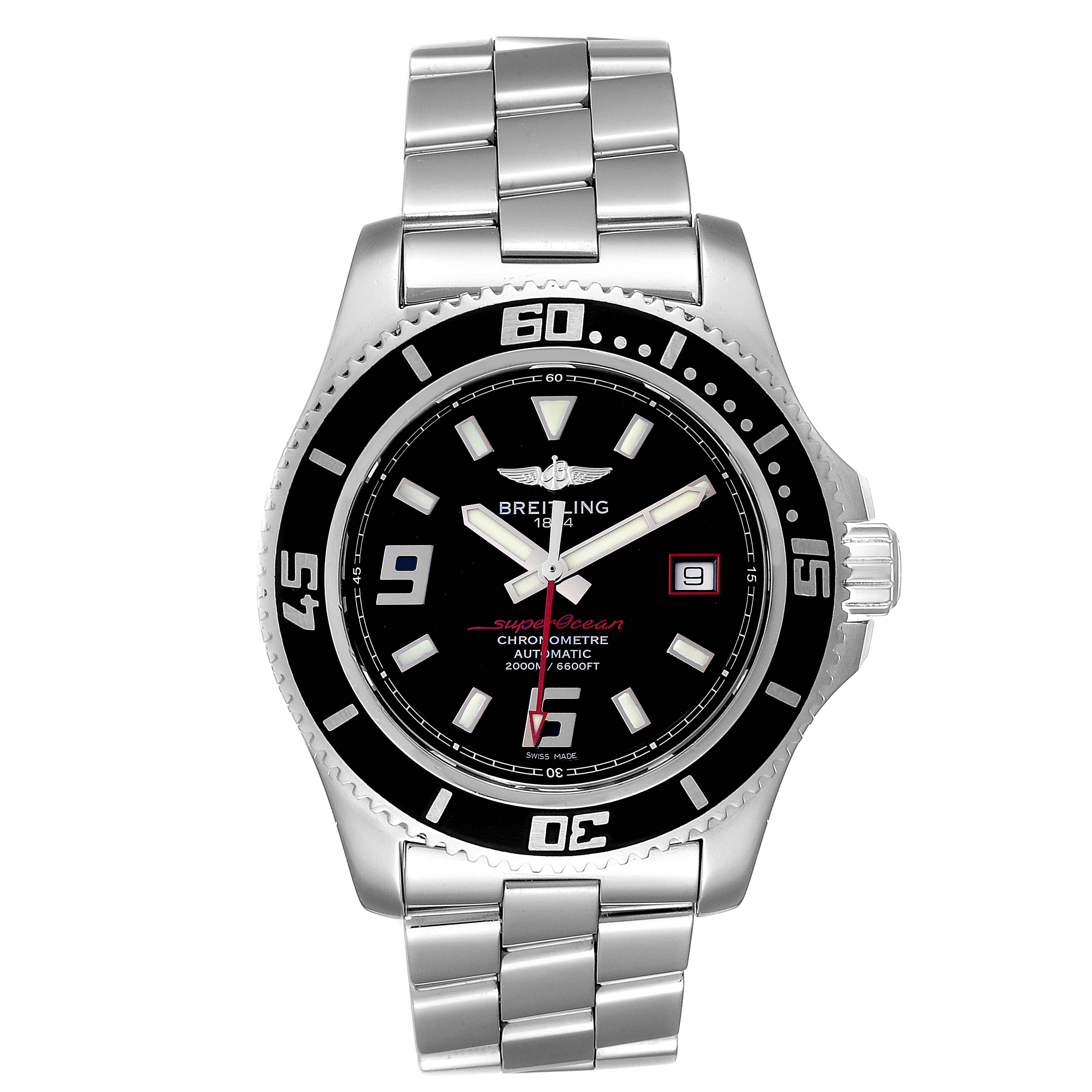The image shows the front view of a Breitling Superocean A17391 Men's Stainless Steel Black Dial A17391 Men's Stainless Steel Black Dial watch, detailing its face, bezel, and stainless steel bracelet.