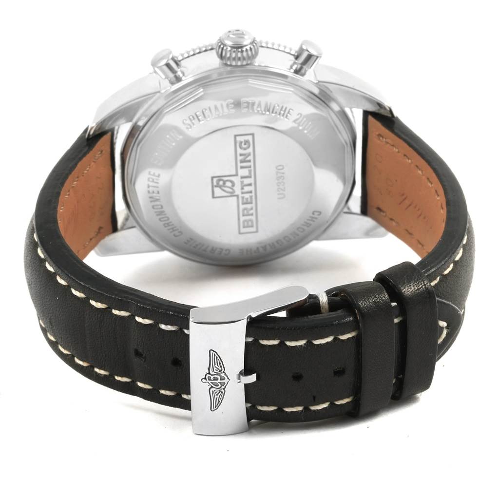 The image shows the back of a Breitling Superocean U2337012/BB81-435X Men's Stainless Steel Black Dial U2337012/BB81-435X Men's Stainless Steel Black Dial watch, including the case back and leather strap with the buckle.