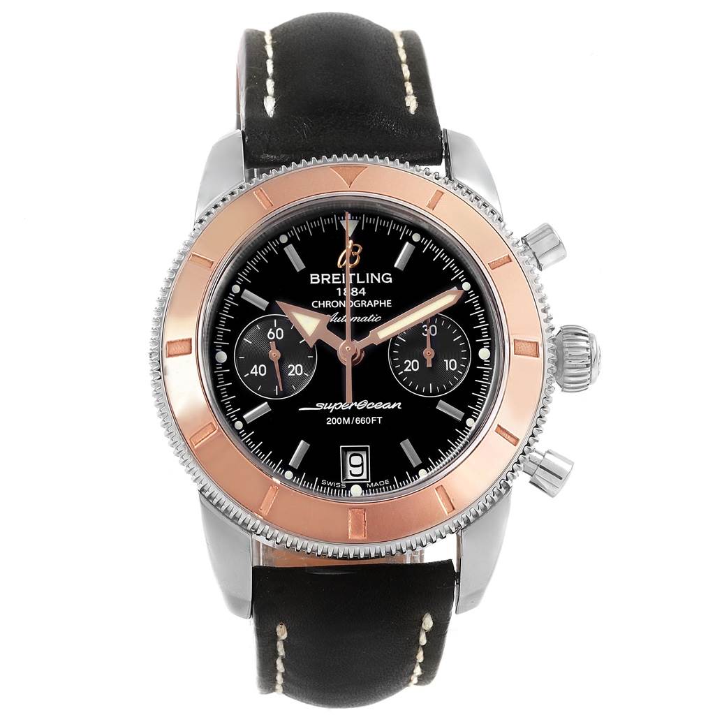 The image shows a Breitling Superocean U2337012/BB81-435X Men's Stainless Steel Black Dial U2337012/BB81-435X Men's Stainless Steel Black Dial watch from a front view showcasing its dial, bezel, crown, and chronograph pushers.