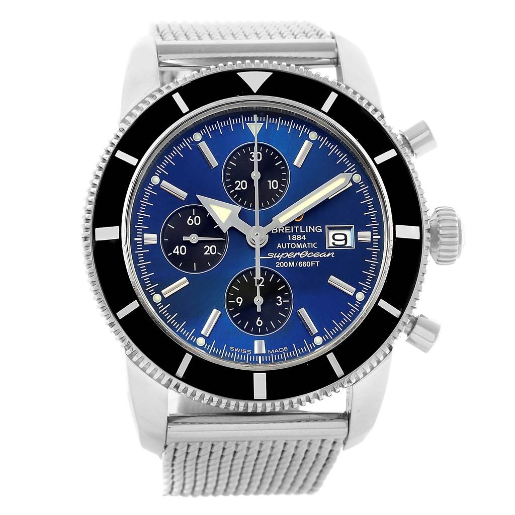 The image shows a frontal view of the Breitling Superocean A13320 Men's Stainless Steel Blue Dial A13320 Men's Stainless Steel Blue Dial watch, displaying its dial, bezel, and mesh bracelet.