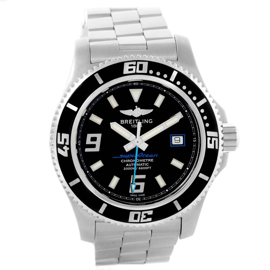 The image shows a front view of the Breitling Superocean A17391 Men's Stainless Steel Black Dial A17391 Men's Stainless Steel Black Dial watch, displaying its dial, bezel, and metal bracelet.