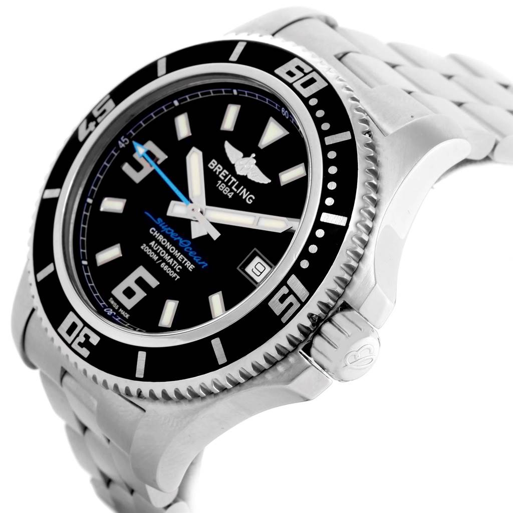 This image shows a right-side angle of the Breitling Superocean A17391 Men's Stainless Steel Black Dial A17391 Men's Stainless Steel Black Dial watch, highlighting the bezel, crown, dial, and bracelet.