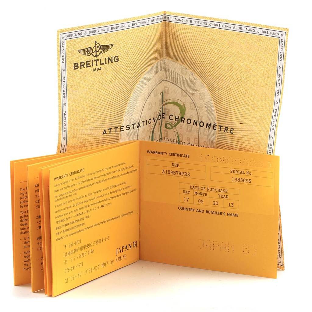 The image shows the warranty certificate and chronometer attestation for a Breitling Superocean A17391 Men's Stainless Steel Black Dial A17391 Men's Stainless Steel Black Dial watch.