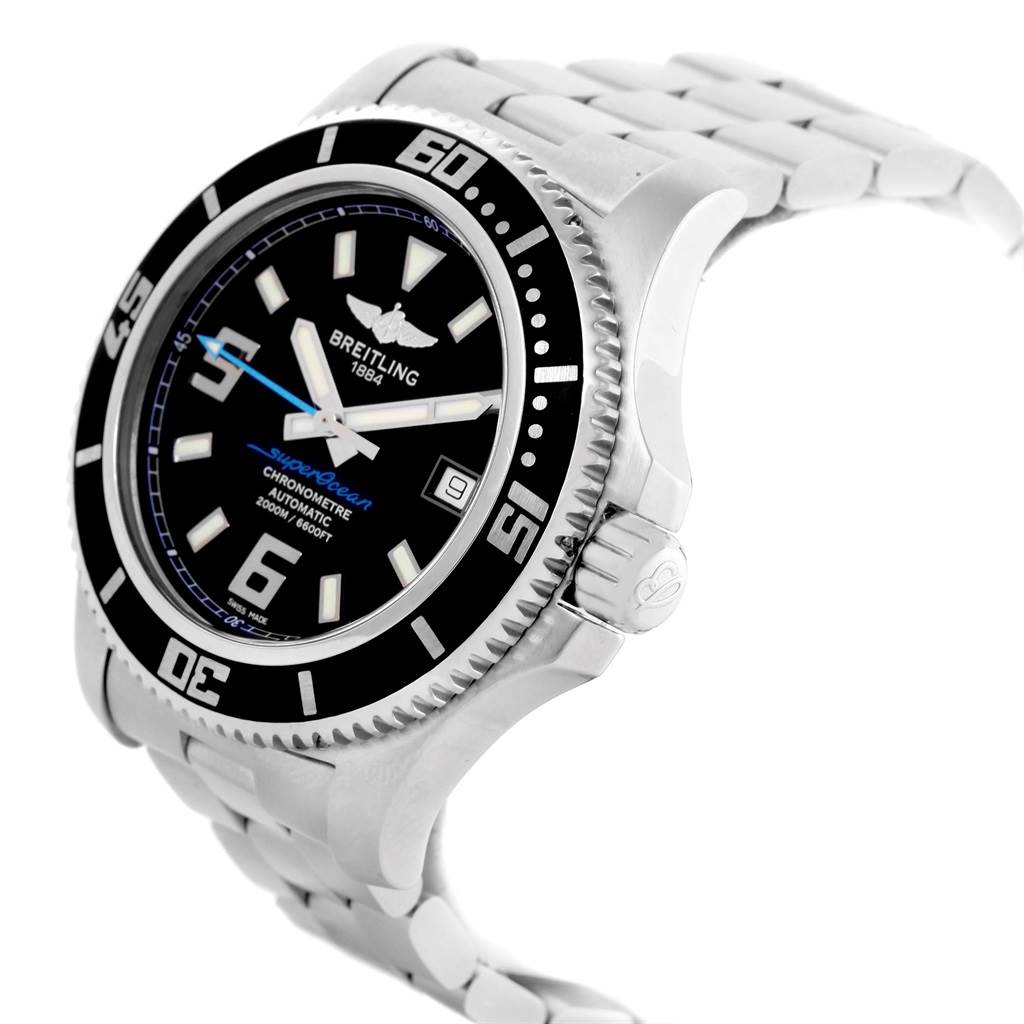 The Breitling Superocean A17391 Men's Stainless Steel Black Dial A17391 Men's Stainless Steel Black Dial watch is shown at a 3/4 angle, highlighting the face, bezel, crown, and part of the bracelet.