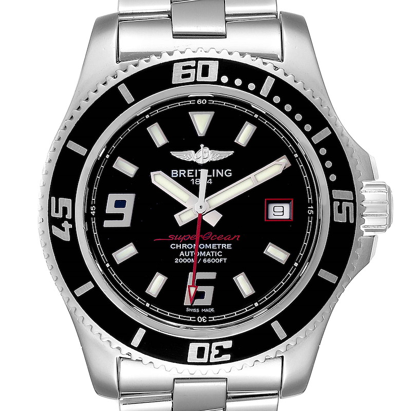 Breitling Superocean 44 Black Dial Red Hand Steel Mens Watch A17391 Box SwissWatchExpo