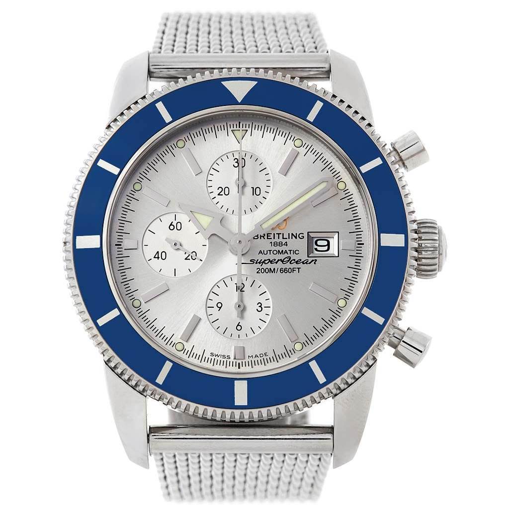 The image shows a front view of a Breitling Superocean A13320 Men's Stainless Steel Silver Dial A13320 Men's Stainless Steel Silver Dial watch, highlighting its dial, bezel, crown, and stainless steel mesh band.