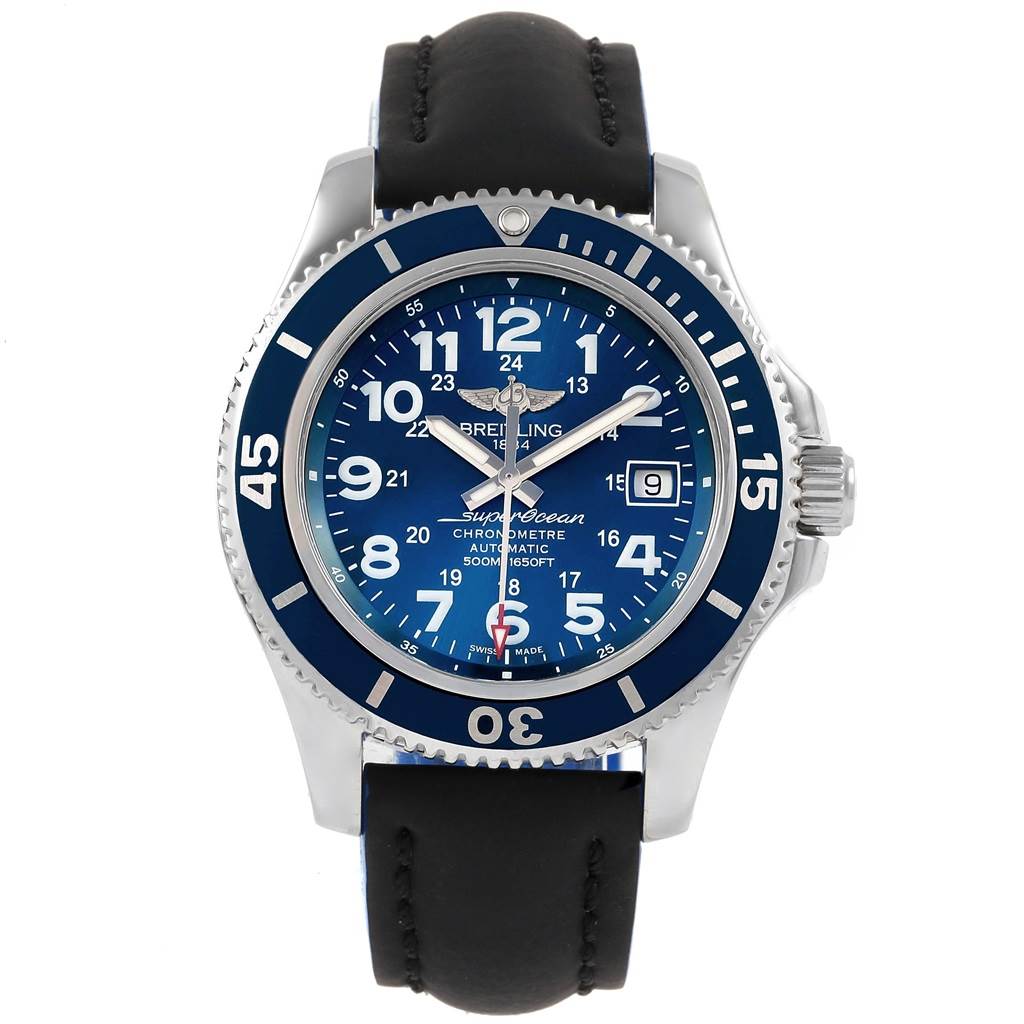 This Breitling Superocean A17391 Men's Stainless Steel Blue Dial A17391 Men's Stainless Steel Blue Dial watch is shown from a front angle, displaying its face, bezel, and strap.