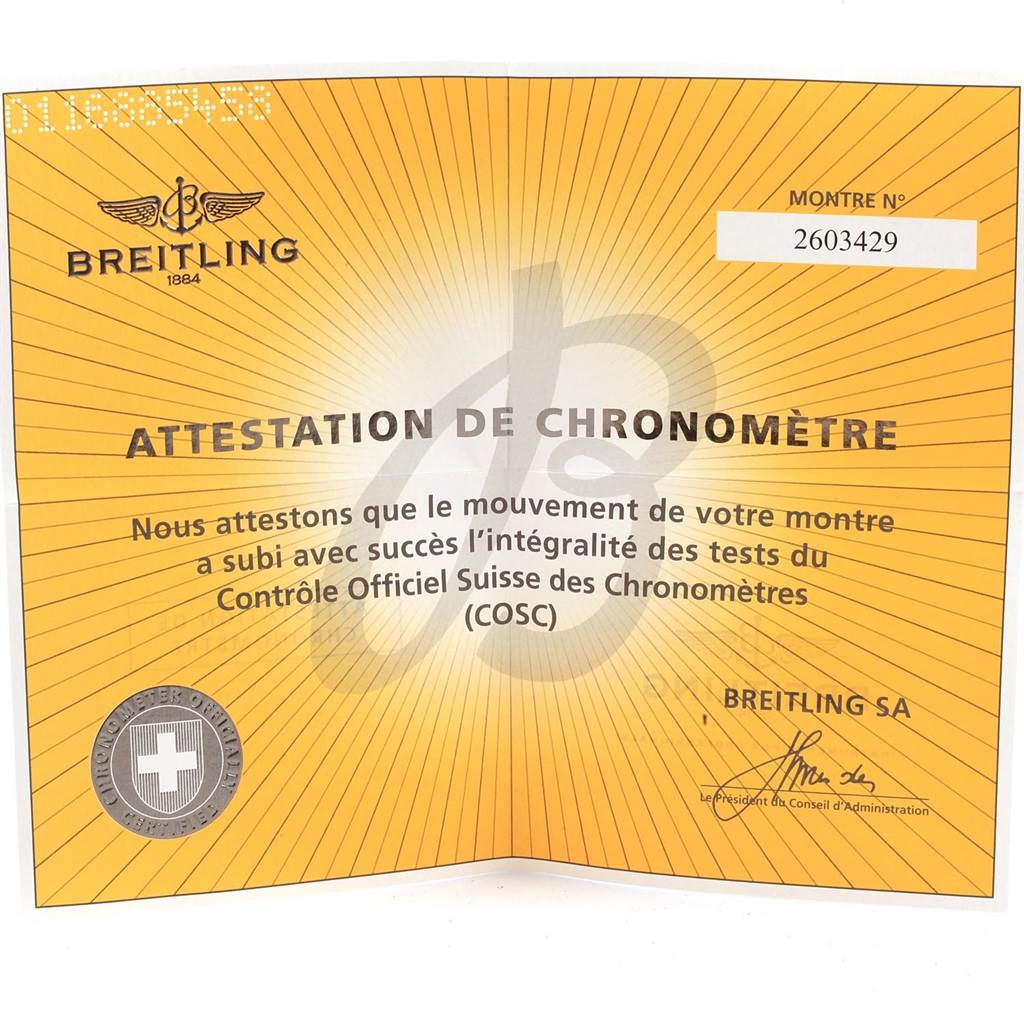 The image shows a Breitling Avenger A13370 Men's Stainless Steel Black Dial A13370 Men's Stainless Steel Black Dial model chronometer certificate of authenticity from the COSC.