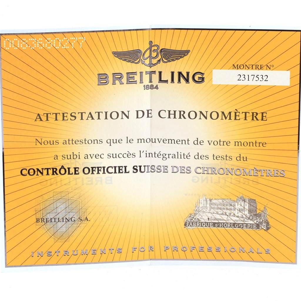 The image shows a Breitling Superocean A13340 Men's Stainless Steel Beige Dial A13340 Men's Stainless Steel Beige Dial warranty card's front view, specifically the Chronometer Certification.