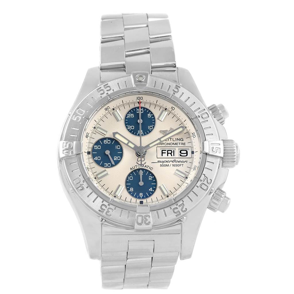 The image shows a front view of the Breitling Superocean A13340 Men's Stainless Steel Beige Dial A13340 Men's Stainless Steel Beige Dial watch, highlighting its face, bezel, and bracelet.