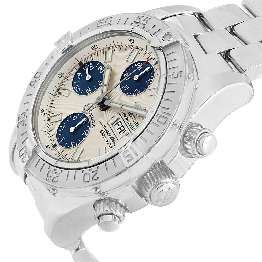The image shows a Breitling Superocean A13340 Men's Stainless Steel Beige Dial A13340 Men's Stainless Steel Beige Dial watch at an angle, highlighting its face, side buttons, crown, and stainless steel bracelet.