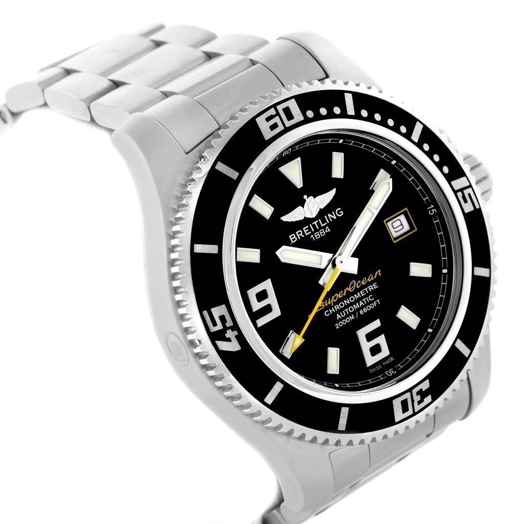 The image shows a Breitling Superocean A17391 Men's Stainless Steel Black Dial A17391 Men's Stainless Steel Black Dial watch from an angled top view, focusing on the dial, bezel, and part of the metal strap.