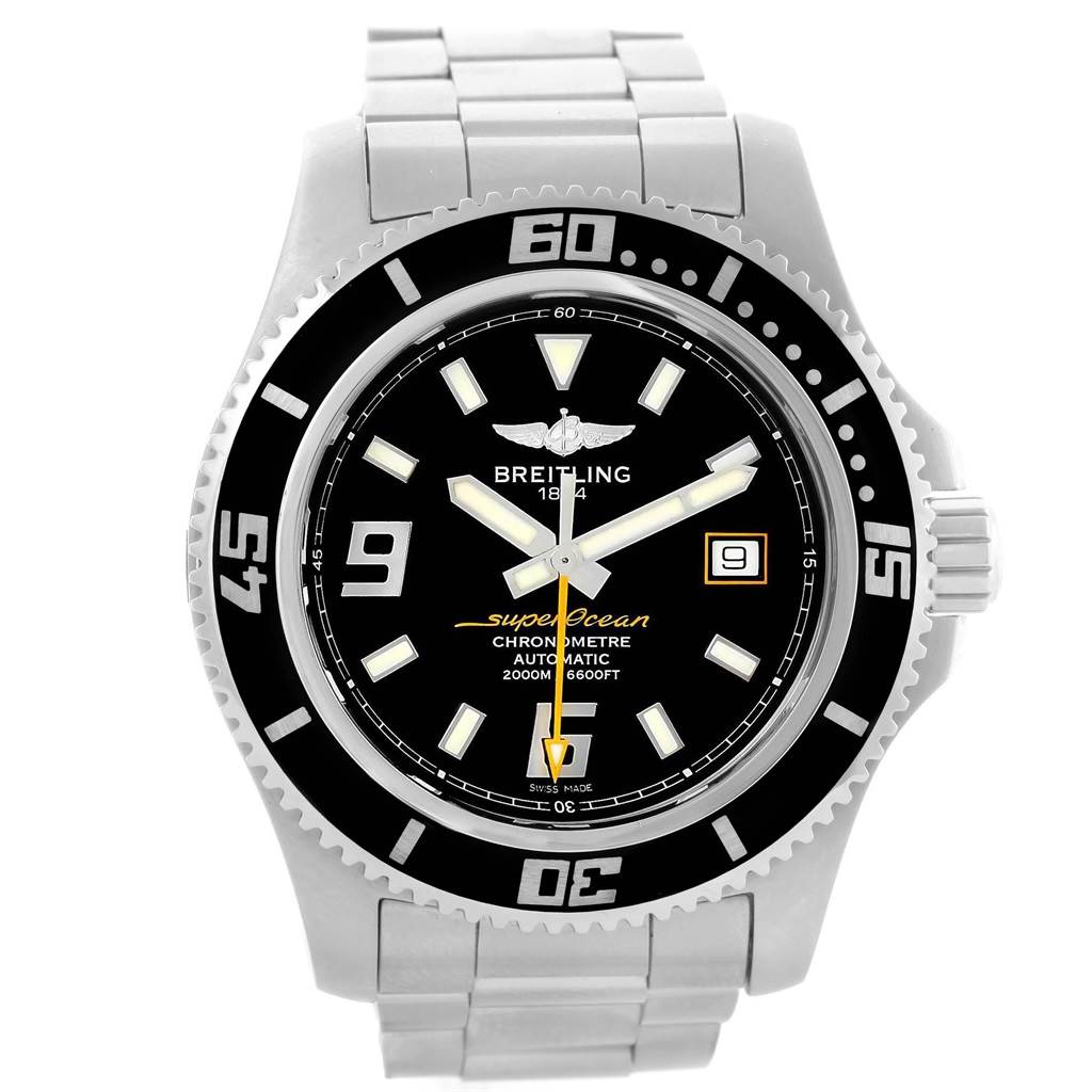 The image shows a front view of a Breitling Superocean A17391 Men's Stainless Steel Black Dial A17391 Men's Stainless Steel Black Dial watch, featuring its face, bezel, and part of the bracelet.