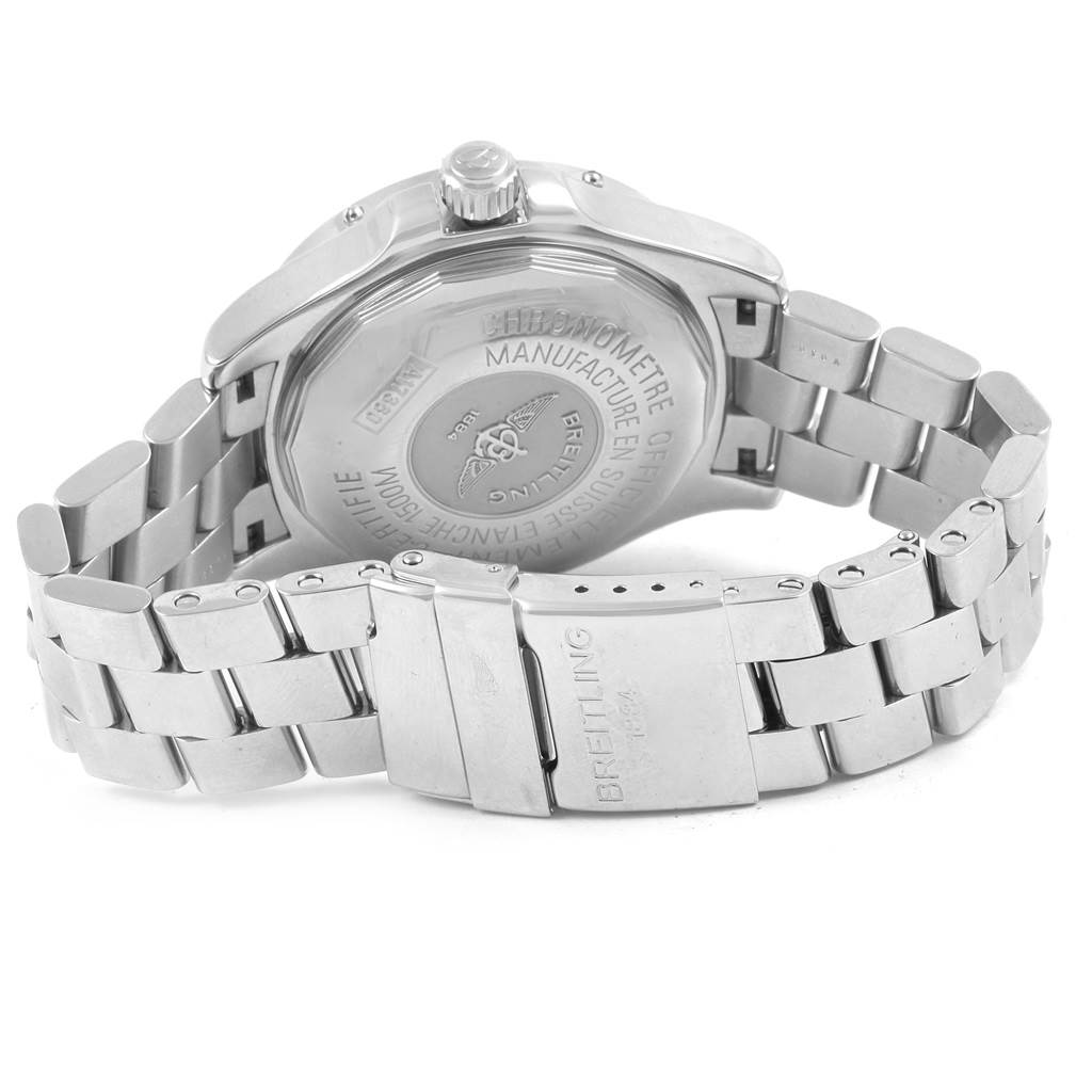 The image shows the back case and metal bracelet clasp of the Breitling Superocean A17360 Men's Stainless Steel Blue Dial A17360 Men's Stainless Steel Blue Dial watch at an angled view.