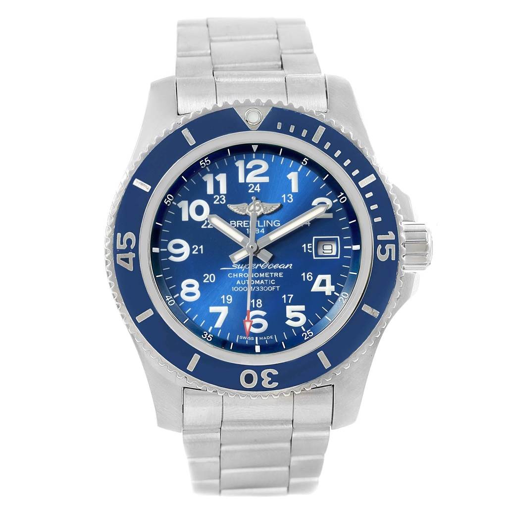 The Breitling Superocean A17392D8/C910 Men's Stainless Steel Blue Dial A17392D8/C910 Men's Stainless Steel Blue Dial watch is shown from a front angle, featuring its blue dial, bezel, and stainless steel bracelet.