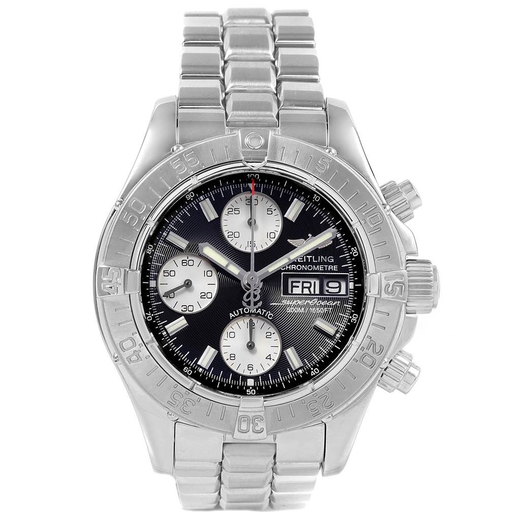 This image shows a front view of the Breitling Superocean A13340 Men's Stainless Steel Black Dial A13340 Men's Stainless Steel Black Dial model watch, highlighting the dial, bezel, chronograph subdials, and bracelet.