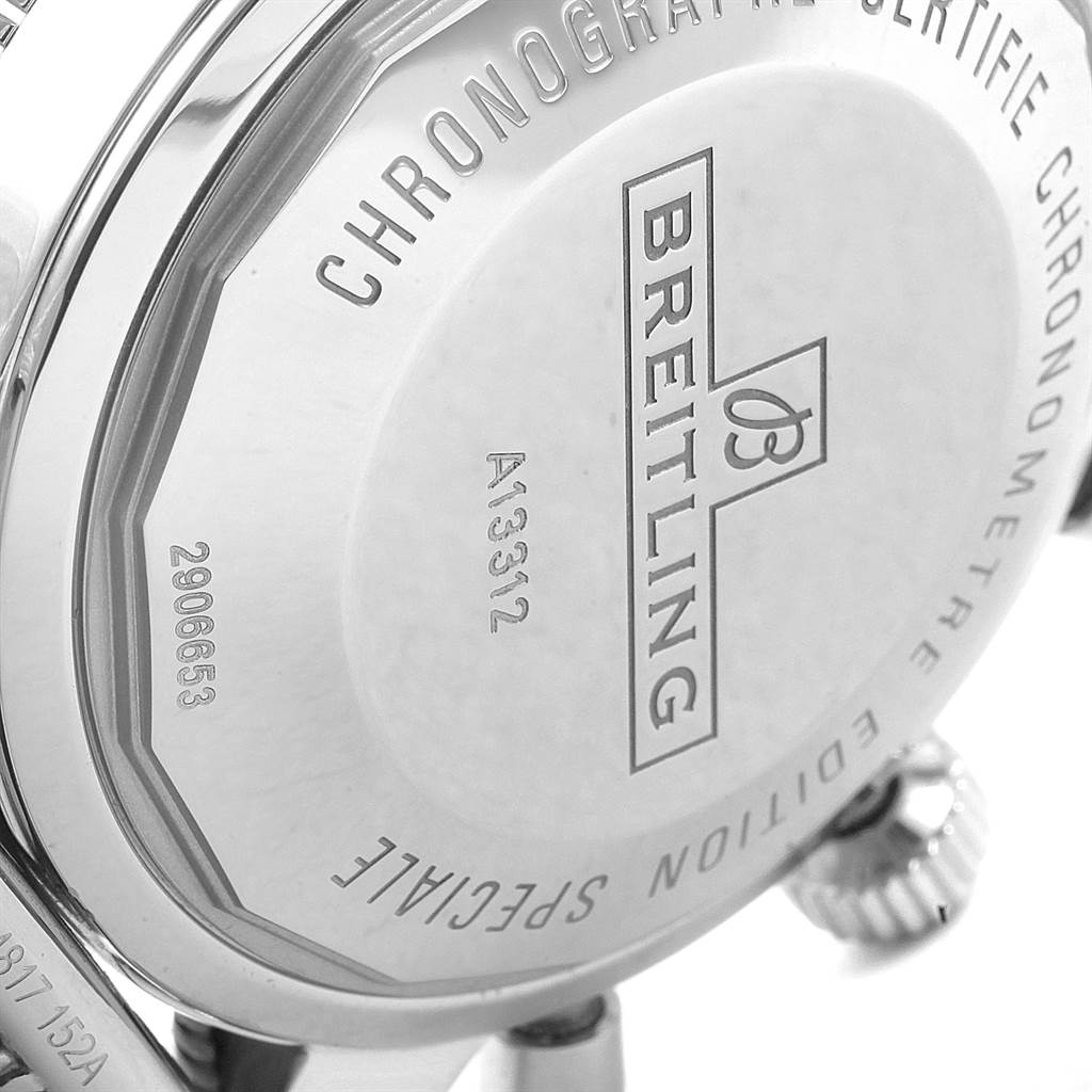 The image shows the case back of the Breitling Superocean A13312 Men
s Stainless Steel Brown Dial A13312 Men
s Stainless Steel Brown Dial watch, highlighting the engraved branding and model information.