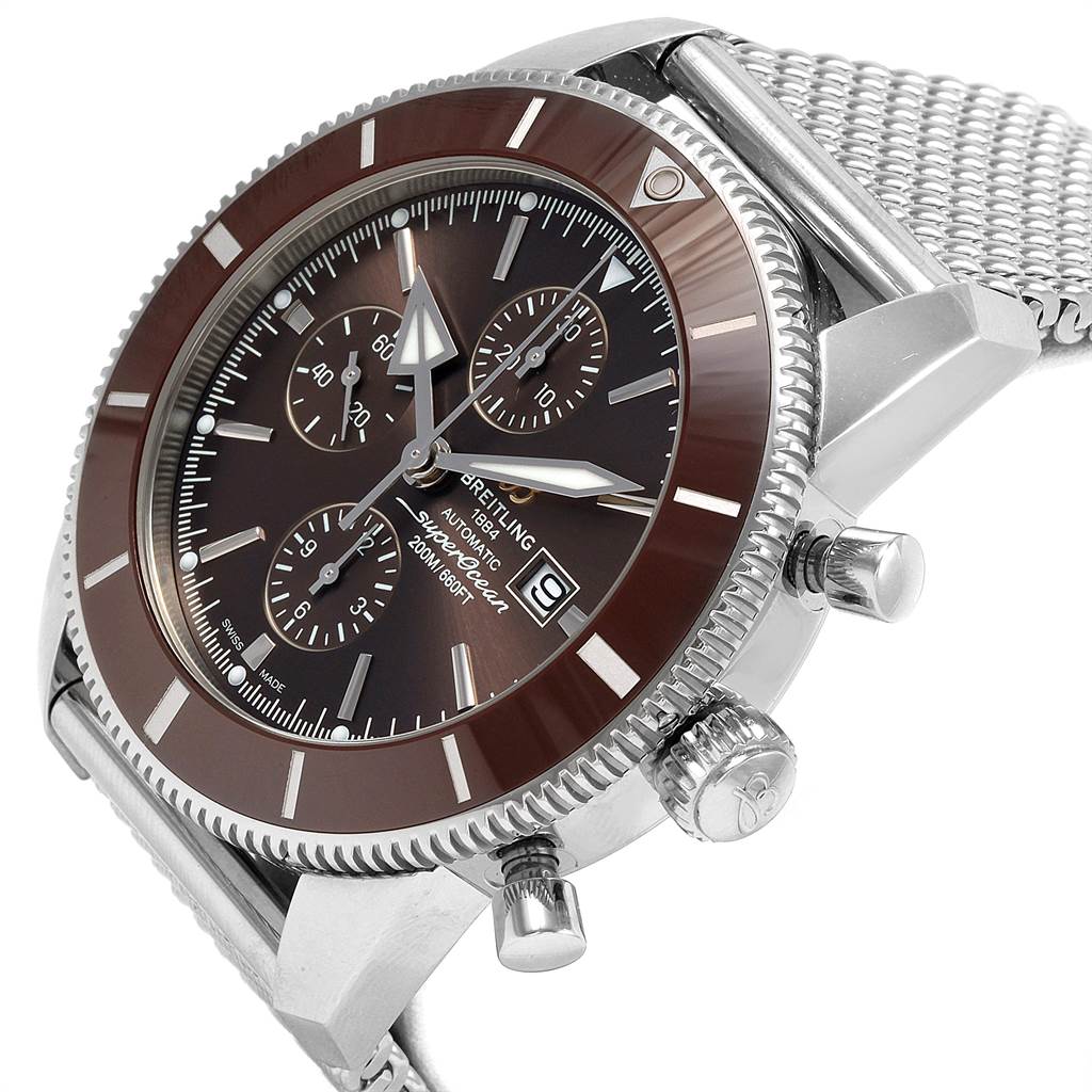 The image shows a close-up angled view of the Breitling Superocean A13312 Men
s Stainless Steel Brown Dial A13312 Men
s Stainless Steel Brown Dial watch, highlighting its face, bezel, crown, and part of the strap.