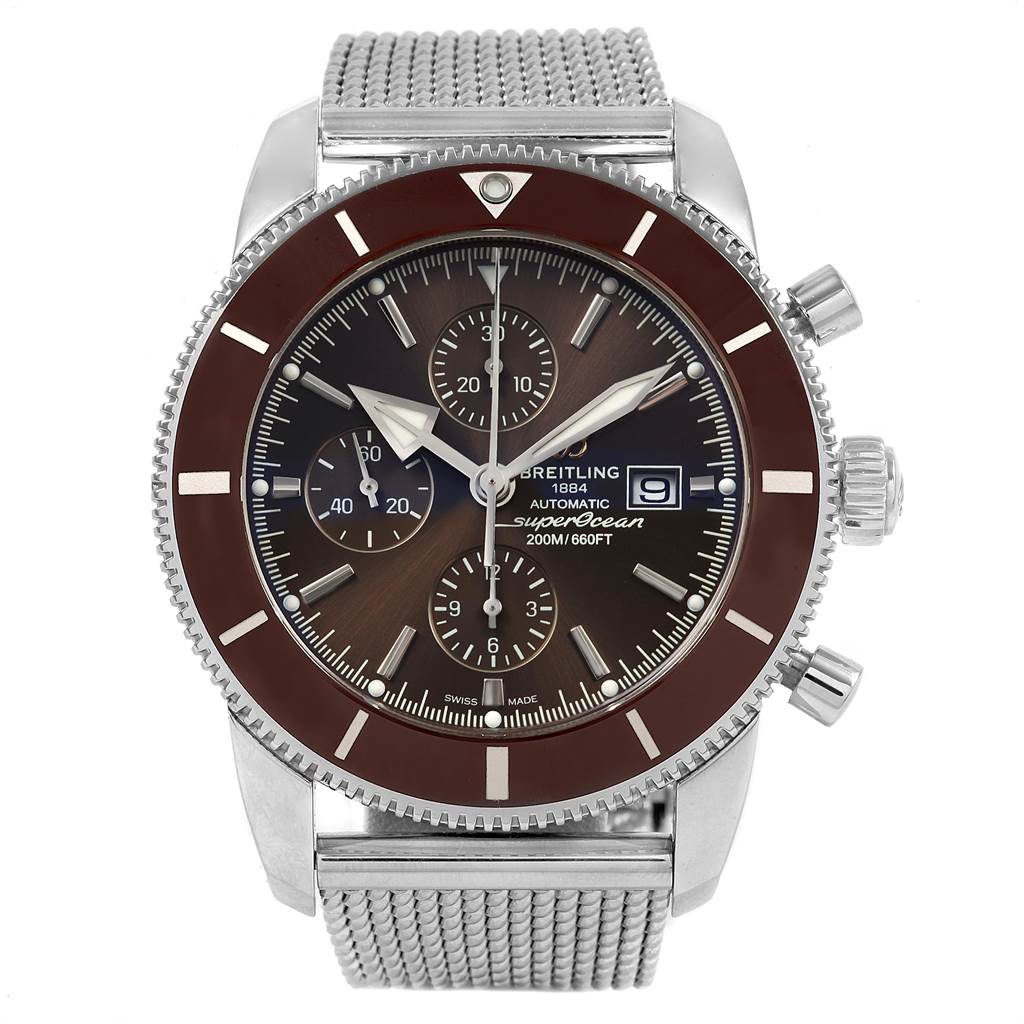 The image shows a Breitling Superocean A13312 Men
s Stainless Steel Brown Dial A13312 Men
s Stainless Steel Brown Dial watch from a front view, displaying the dial, bezel, crown, pushers, and part of the bracelet.