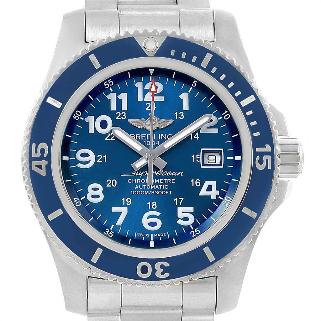The image shows a frontal view of the Breitling Superocean A17392 Men's Stainless Steel Blue Dial A17392 Men's Stainless Steel Blue Dial watch, displaying the dial, bezel, and bracelet.