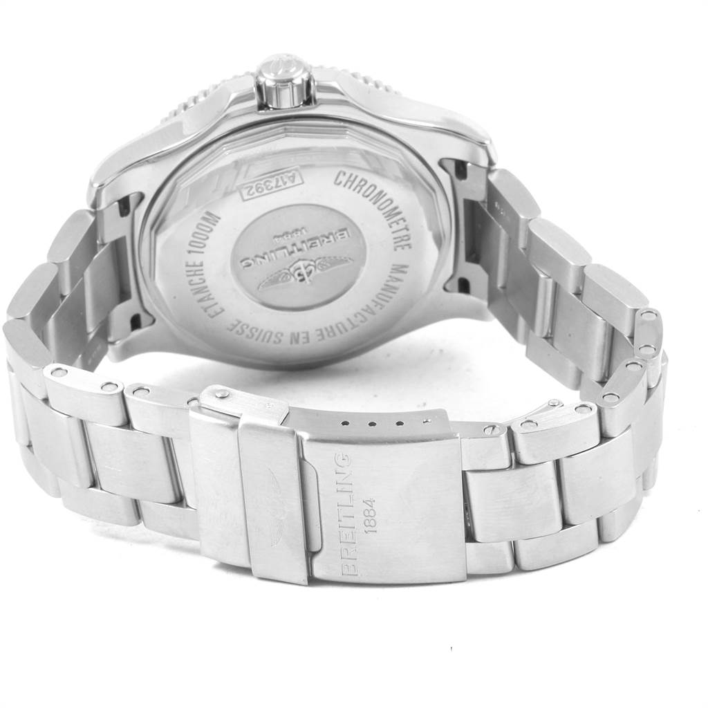 The image shows the back and bracelet of a Breitling Superocean A17392 Men's Stainless Steel Blue Dial A17392 Men's Stainless Steel Blue Dial watch, highlighting the case back and clasp.