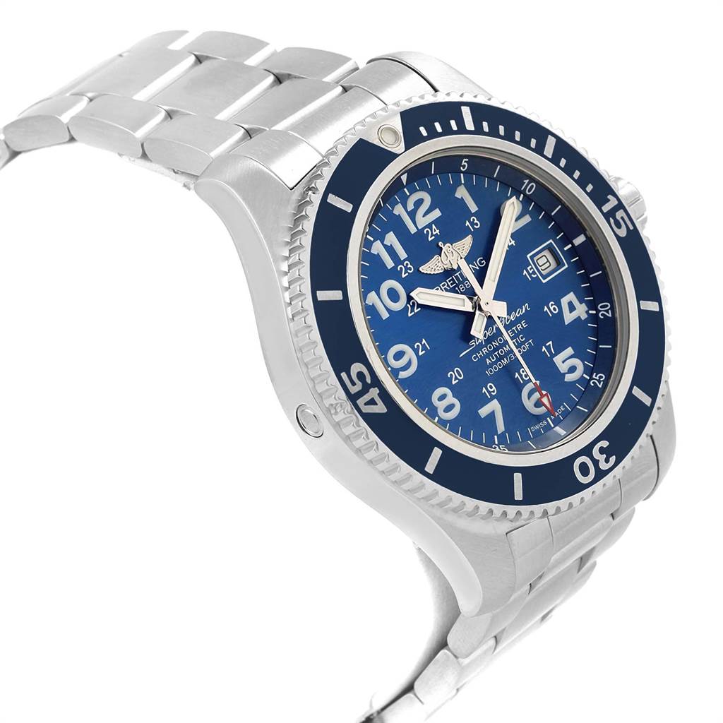 The image shows a side angle of the Breitling Superocean A17392 Men's Stainless Steel Blue Dial A17392 Men's Stainless Steel Blue Dial watch, highlighting its blue dial, bezel, and stainless steel band.