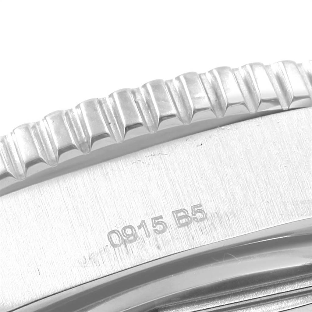 This close-up image shows the ridged bezel and partially engraved caseback of a Breitling Superocean A17392 Men's Stainless Steel Blue Dial A17392 Men's Stainless Steel Blue Dial watch.