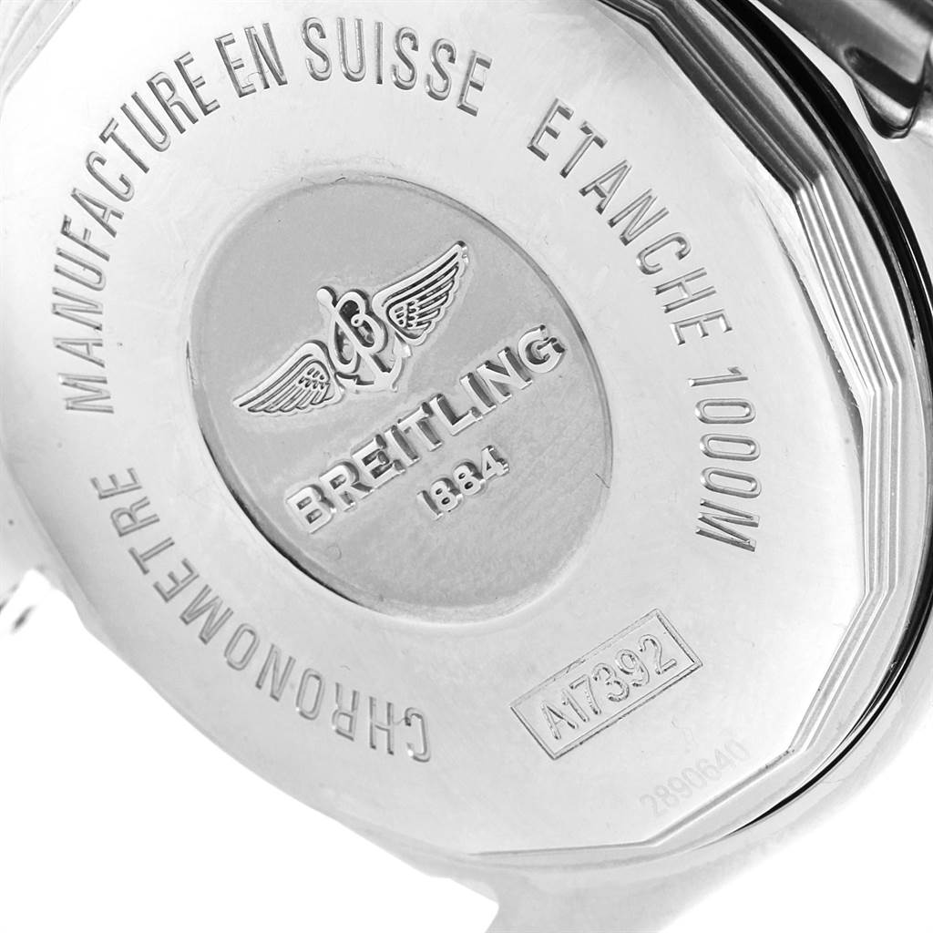 The image shows the back case of the Breitling Superocean A17392 Men's Stainless Steel Blue Dial A17392 Men's Stainless Steel Blue Dial watch, highlighting its engravings and brand logo.