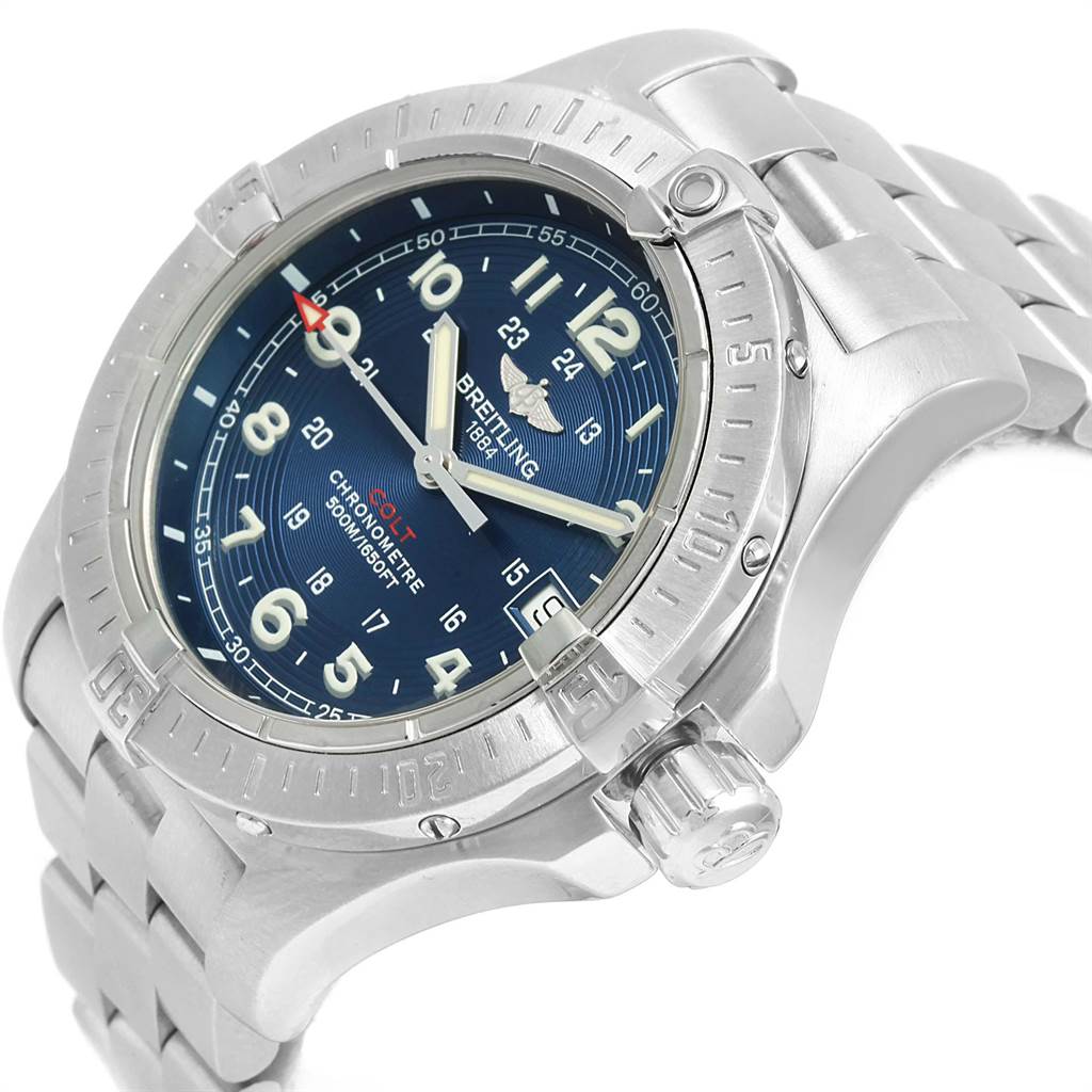 The image shows a Breitling Superocean A74380 Men's Stainless Steel Blue Dial A74380 Men's Stainless Steel Blue Dial watch at an oblique angle, emphasizing the bezel, face, and part of the bracelet.