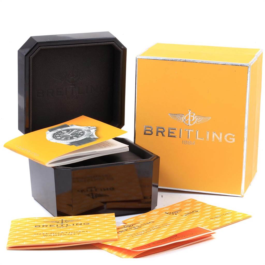 The image shows the Breitling Superocean A74380 Men's Stainless Steel Blue Dial A74380 Men's Stainless Steel Blue Dial watch box, outer box, and user manuals from an angled view.
