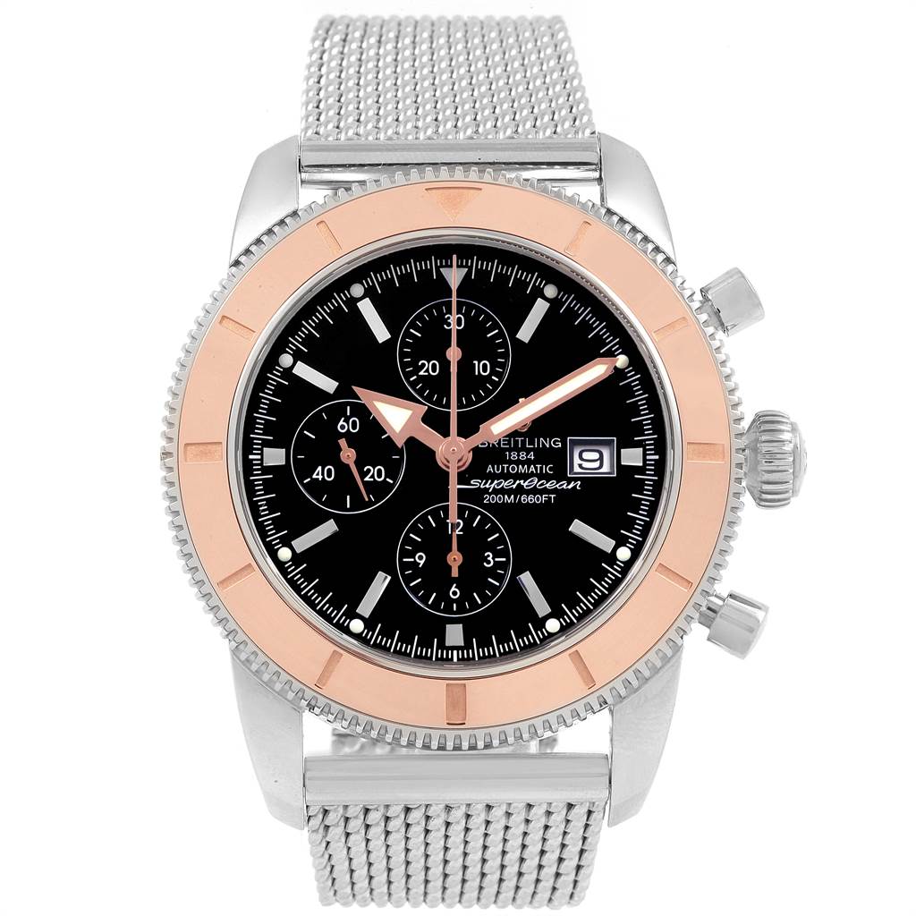 The image shows a close-up front view of a Breitling Superocean U1332012/B908-152A Men
s Stainless Steel Black Dial U1332012/B908-152A Men
s Stainless Steel Black Dial watch, highlighting the face, bezel, and mesh bracelet.