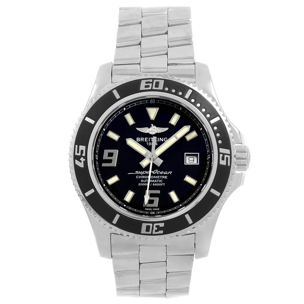 The image shows a front view of the Breitling Superocean A17391 Men's Stainless Steel Black Dial A17391 Men's Stainless Steel Black Dial watch, featuring its dial, bezel, crown, and metal bracelet.