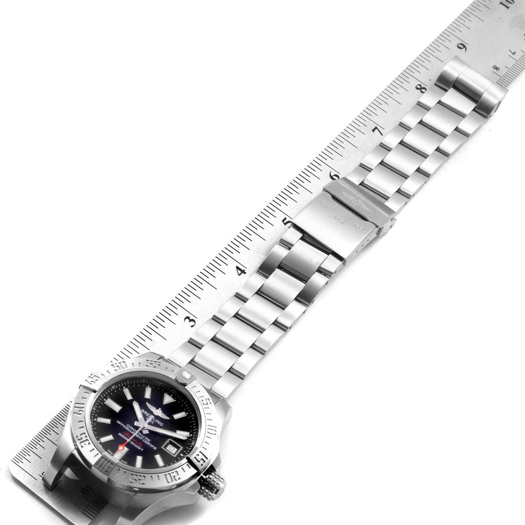 The Breitling Avenger A17331 Men's Stainless Steel Black Dial A17331 Men's Stainless Steel Black Dial watch is shown from a top-down angle, including the face, bezel, bracelet, and clasp.