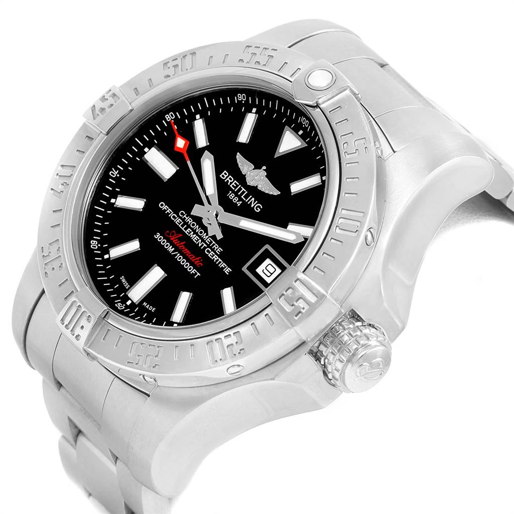 The image shows a front-facing view of a Breitling Avenger A17331 Men's Stainless Steel Black Dial A17331 Men's Stainless Steel Black Dial watch, detailing its dial, bezel, and part of the metal bracelet.