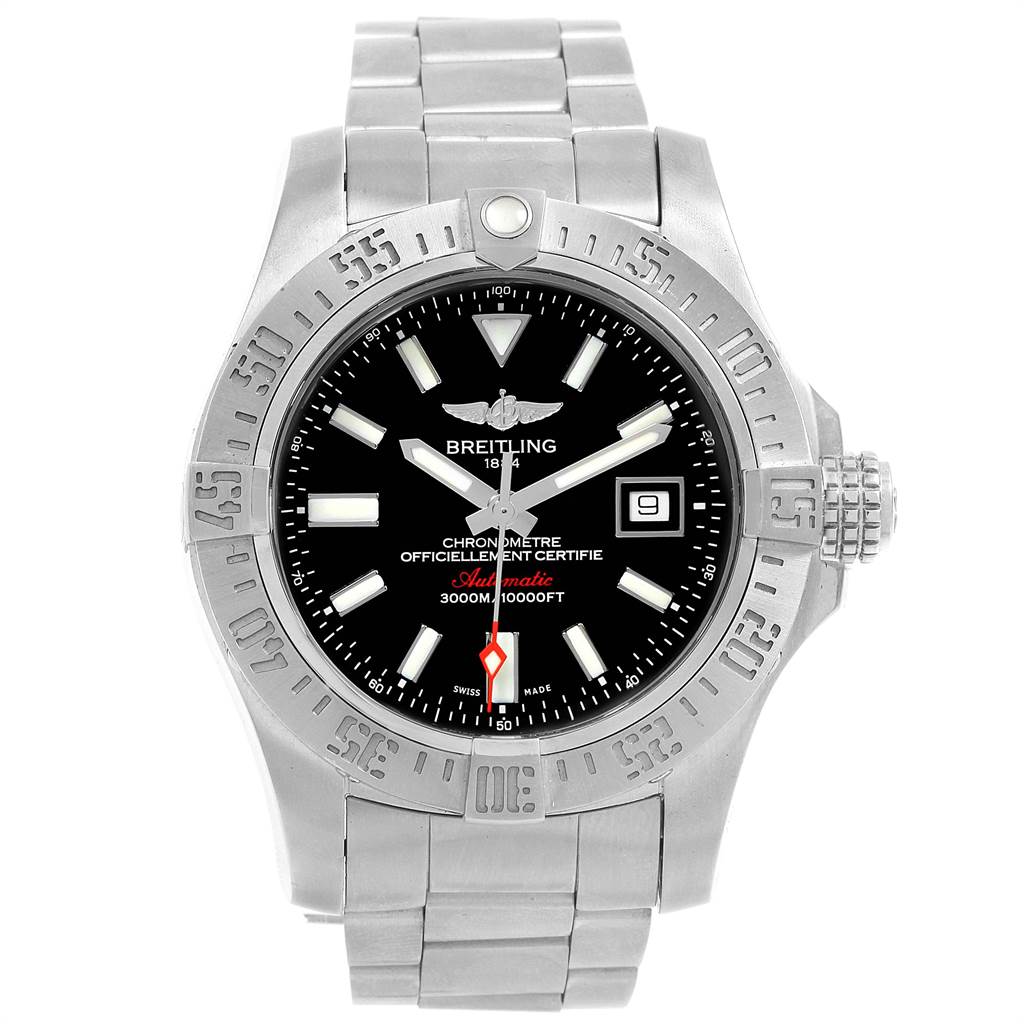 This is a front view of a Breitling Avenger A17331 Men's Stainless Steel Black Dial A17331 Men's Stainless Steel Black Dial watch showing the dial, hands, bezel, and date window.