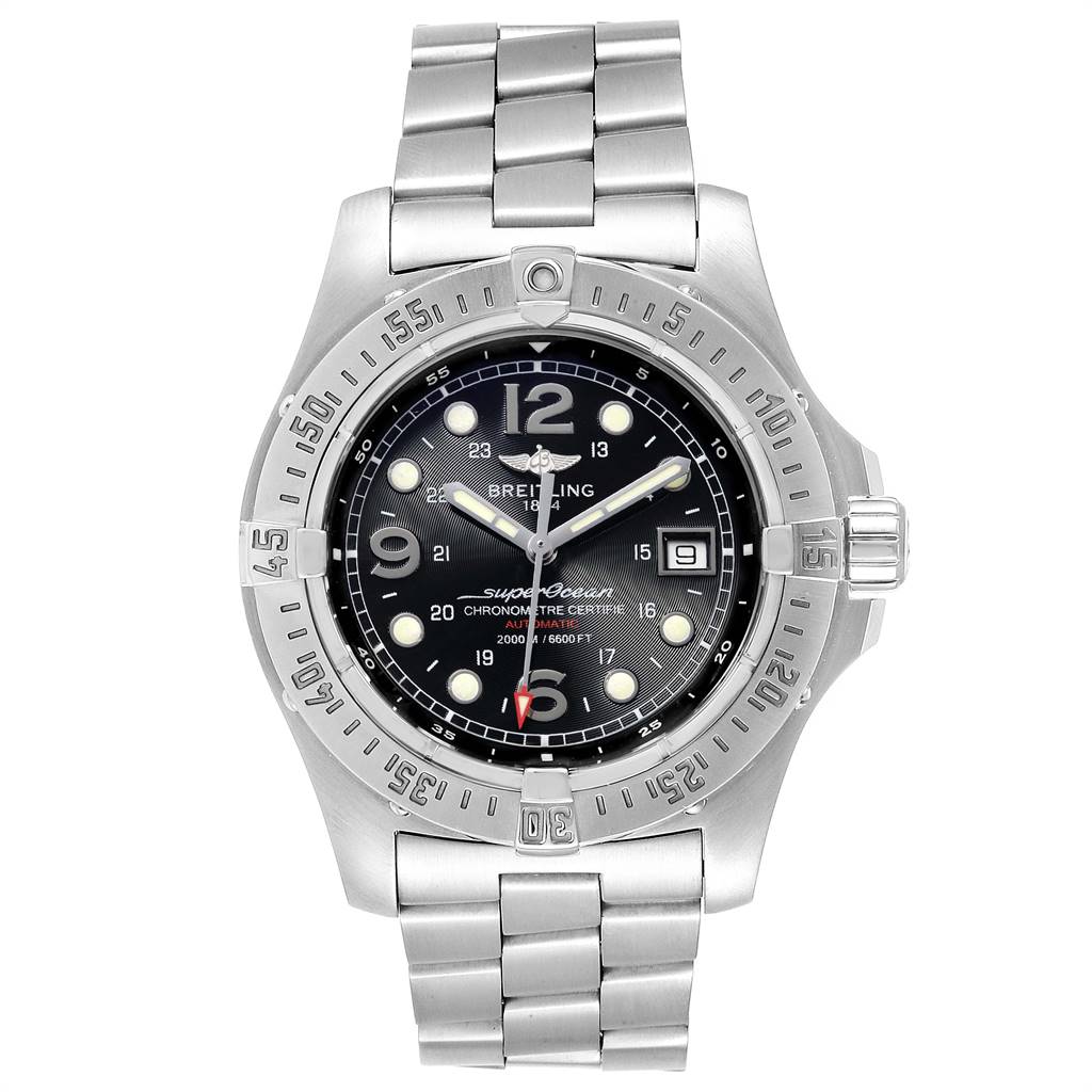 The image shows a front angle view of a Breitling Superocean A17390 Men
s Stainless Steel Black Dial A17390 Men
s Stainless Steel Black Dial watch, displaying the dial, bezel, and metal bracelet.