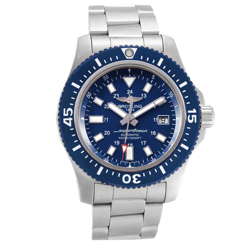 The image shows a front view of the Breitling Superocean Y1739310 Men's Stainless Steel Blue Dial Y1739310 Men's Stainless Steel Blue Dial watch, displaying the dial, bezel, and metal bracelet.