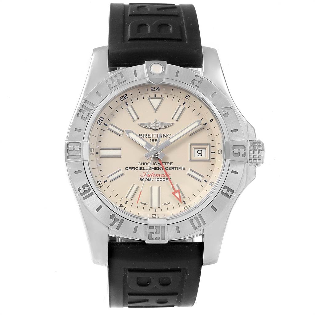 The Breitling Avenger A3239011-G778-152S-A20S.1 Men's Stainless Steel Beige Dial A3239011-G778-152S-A20S.1 Men's Stainless Steel Beige Dial watch is shown from a front angle, displaying its dial, bezel, and rubber strap.