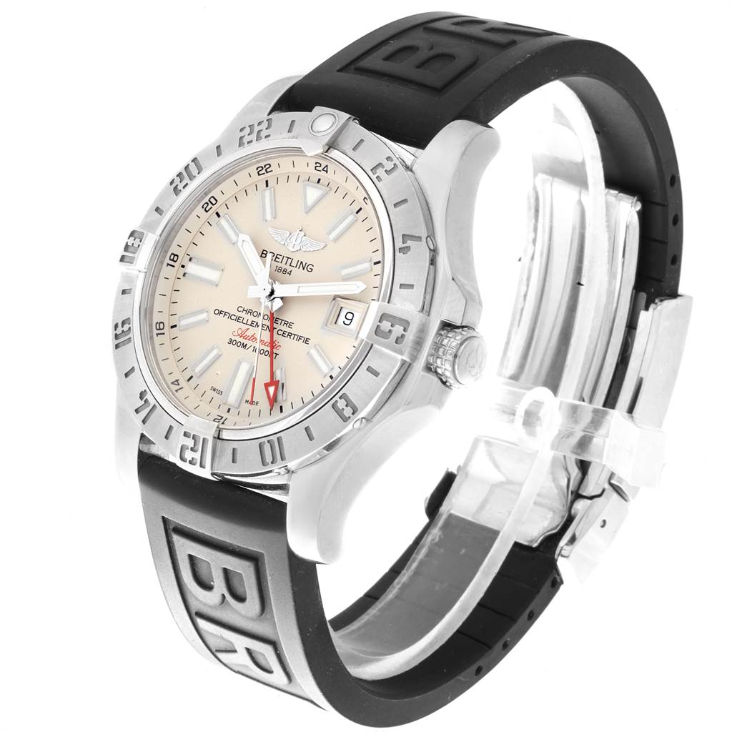 The image shows a side angle of the Breitling Avenger A3239011-G778-152S-A20S.1 Men's Stainless Steel Beige Dial A3239011-G778-152S-A20S.1 Men's Stainless Steel Beige Dial watch, highlighting the watch face, bezel, and black rubber strap.